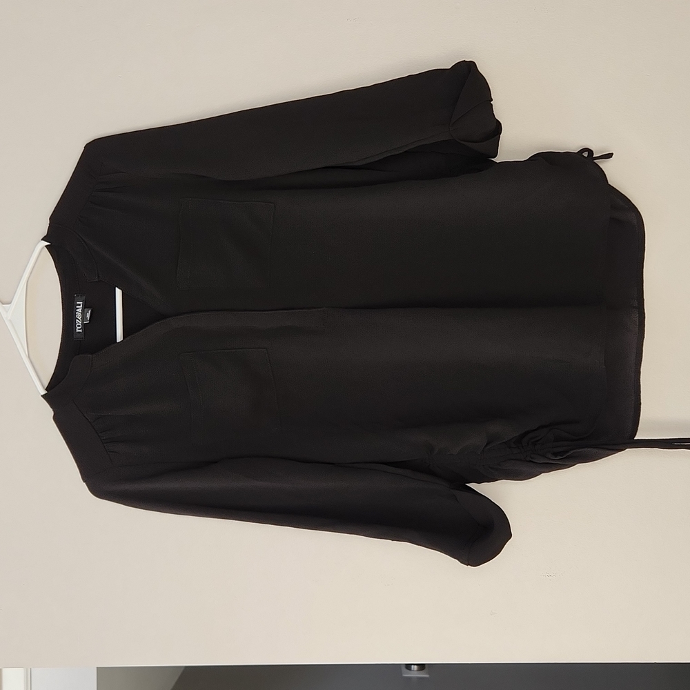 Roz & Ali Black Blouse Half Button Pockets Button Sleeve Women's XS